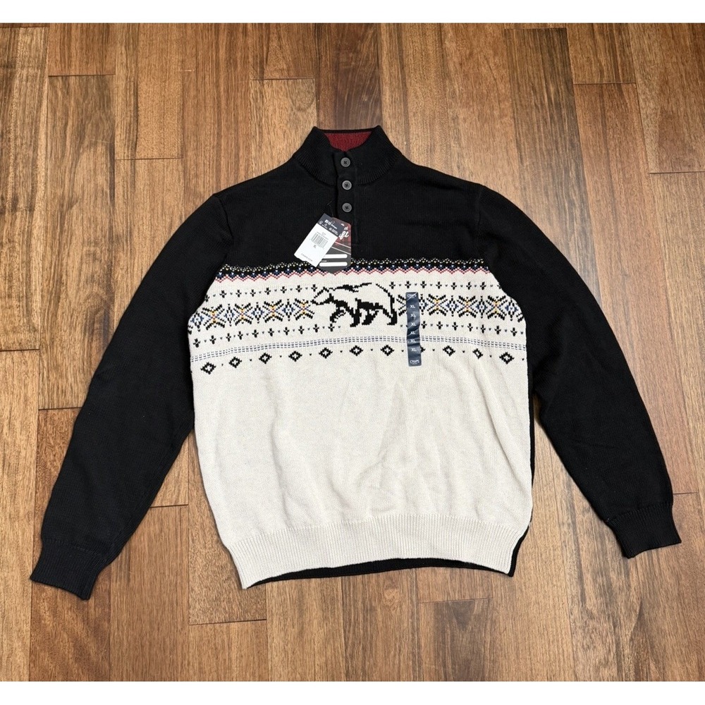 Chaps Sweater Mens Extra Large Black White Knit Bear Holiday Christmas